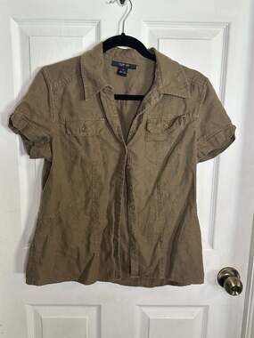 Style & co. Brown 100% Linen Short Sleeve Button Down Utility Shirt Size 10
